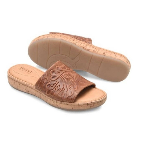 Born Shoes - Born brown leather floral embossed slide cork sandals